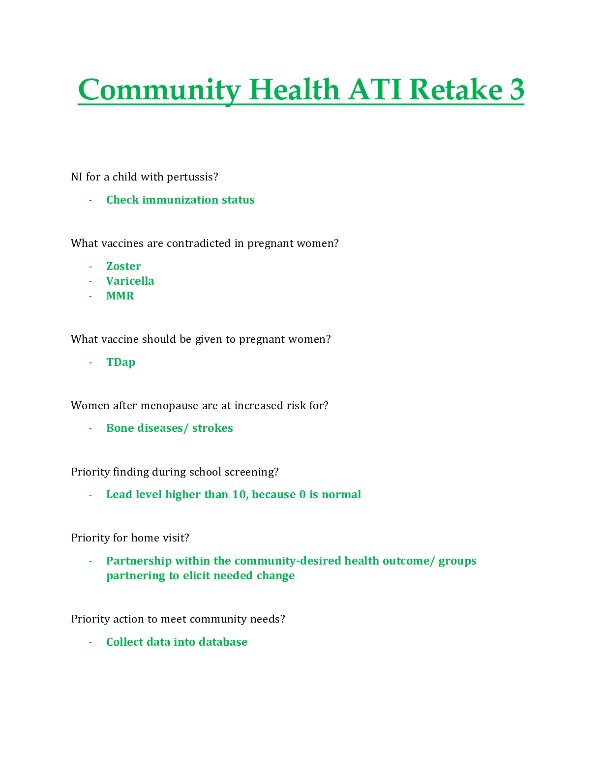 Preview image for Community Health ATI Retake 3 100% Correct.